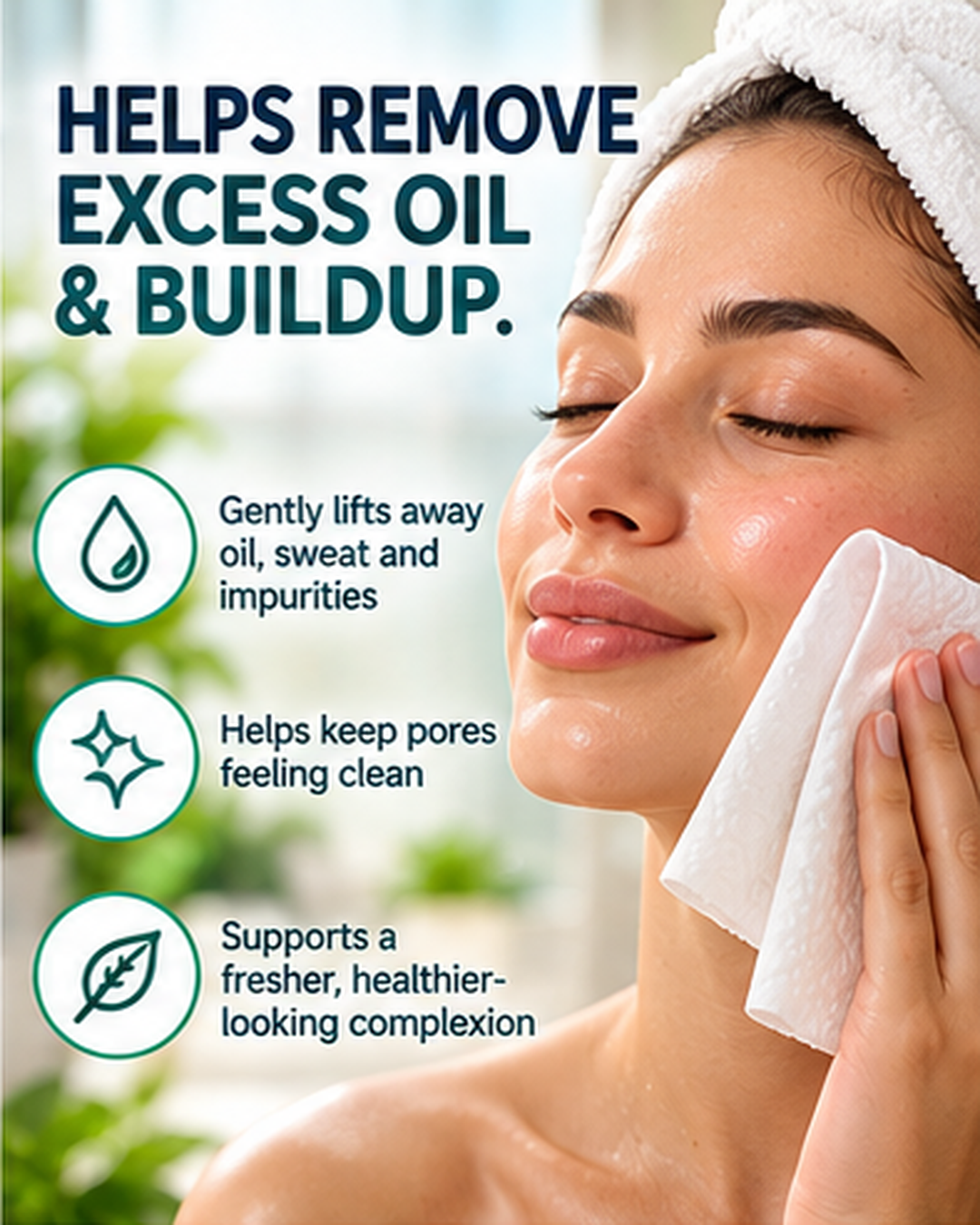 Woman gently patting her face with a white Clean Towel beside three illustrated product attributes