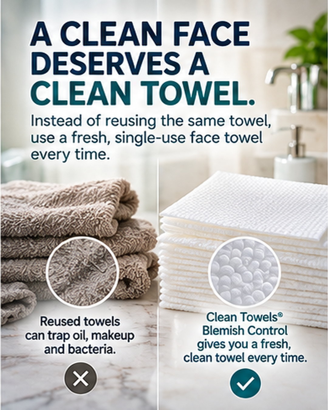 Visual comparison between reusable towels and white single-use Clean Towels
