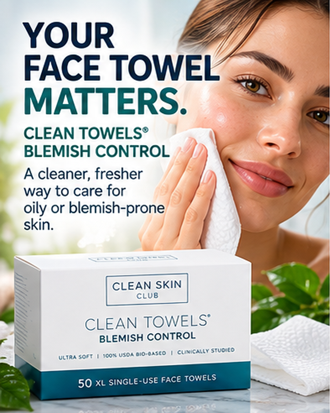 Clean Towels Blemish Control box beside a woman using a white face towel